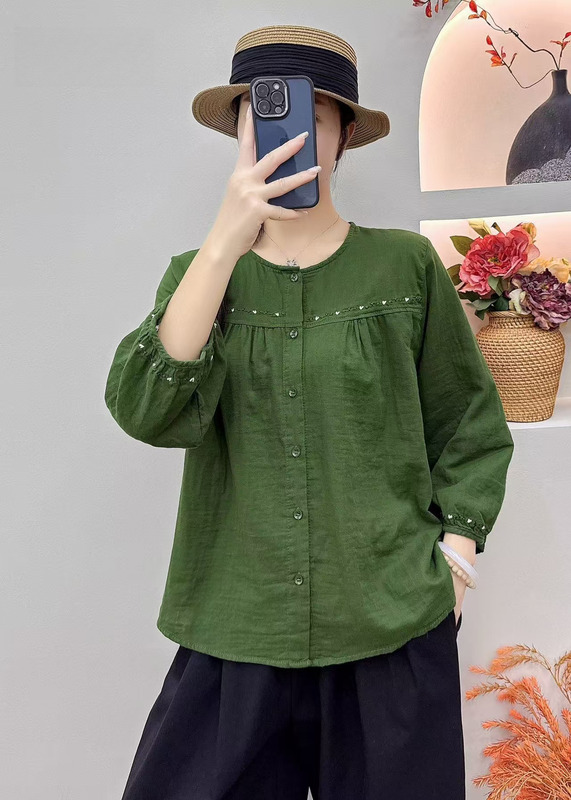 2025秋季新款大码双层棉纱衬衫文艺刺绣灯笼袖宽松百搭休闲女上衣|undefined