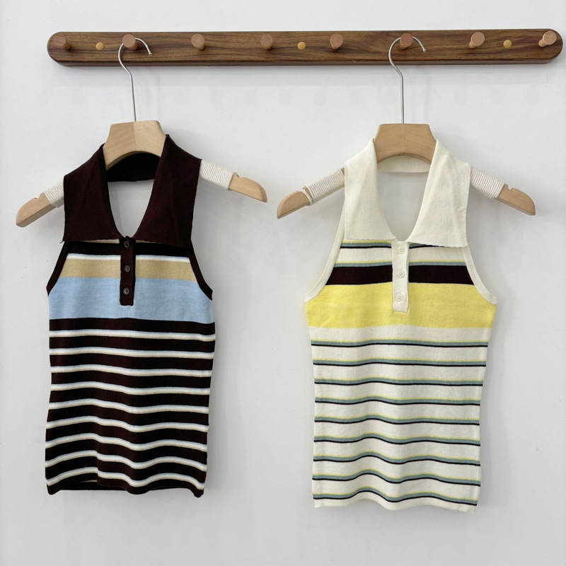 In Stock 2026 Summer New Model Qd Grove Halter Neck Contrast Color Striped Knit Sleeveless Top