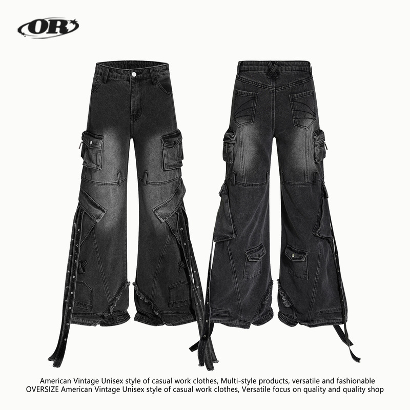 Oreeta American Y2K Style Wide-Leg Jeans for Men and Women Retro Vintage Washed Distressed Strappy Floor-Length Pants