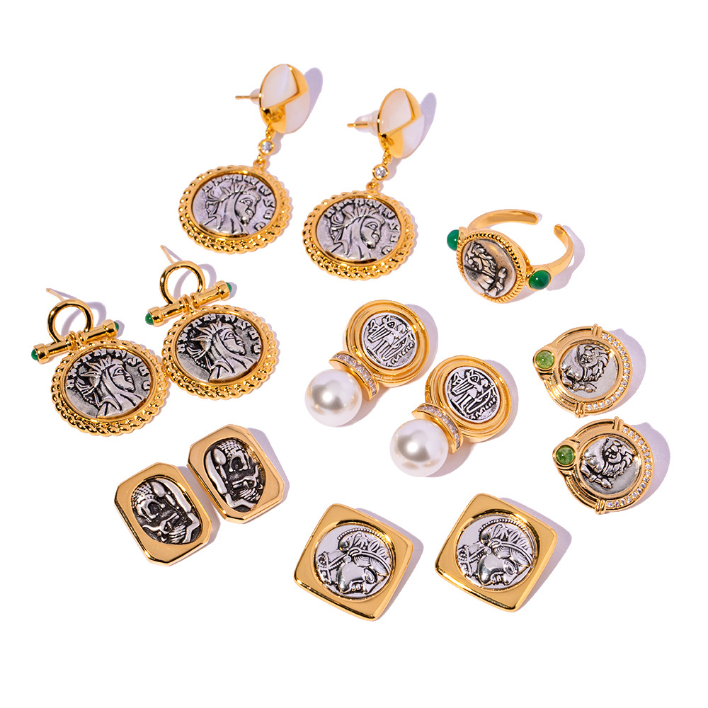 Retro Portrait Copper Inlay Artificial Pearls Zircon Drop Earrings Ear Studs