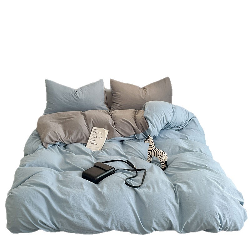 Washed Cotton Four-piece Bedding Set With Fitted Sheet For Home_voghion.com