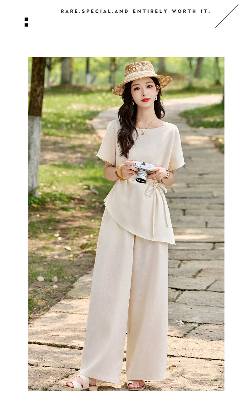 Bộ đầm suông nữ midi tay ngắn cổ tròn thắt eo — màu trắng ngà chi tiết 15
