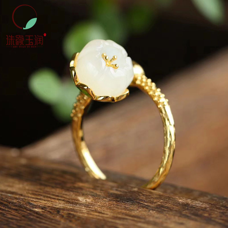 智贝主图_1新款纯银烤蓝镶嵌时尚和田玉银饰精品白玉花苞