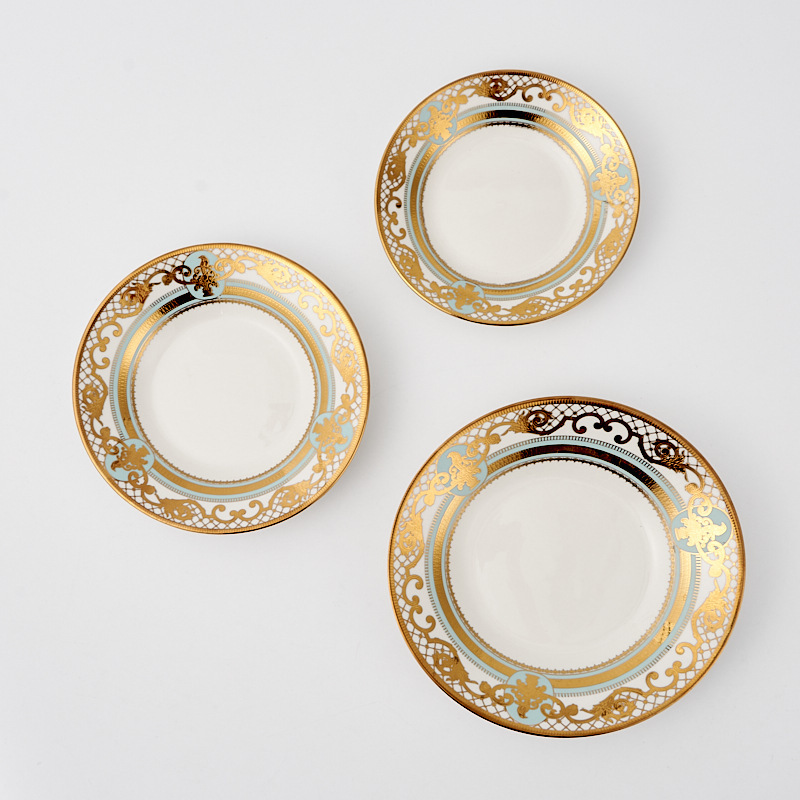 Cross-Border Supply Hotel Ceramic Tableware Ceramic Plate Three-Piece Set Electroplated Gold Hotel Restaurant Tableware Light Luxury