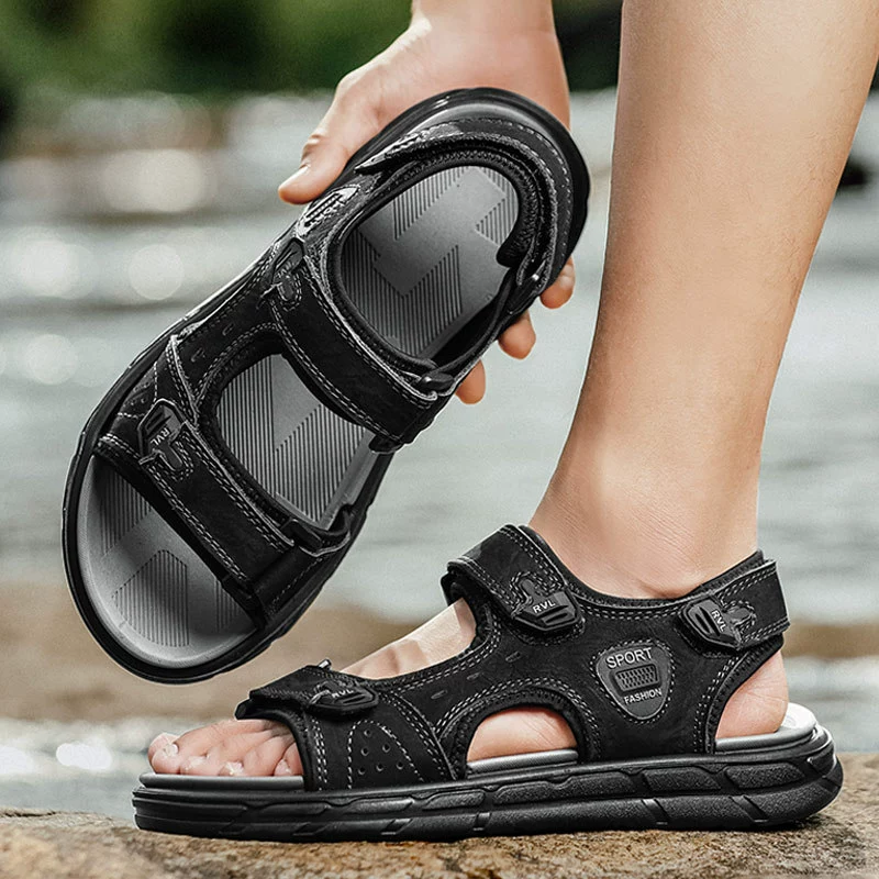 Кожаные сандалии первого слоя Летняя новая легкая мягкая нижняя повседневная мужская обувь на открытом воздухе плюс размер спортивная липучка пляжная обувь