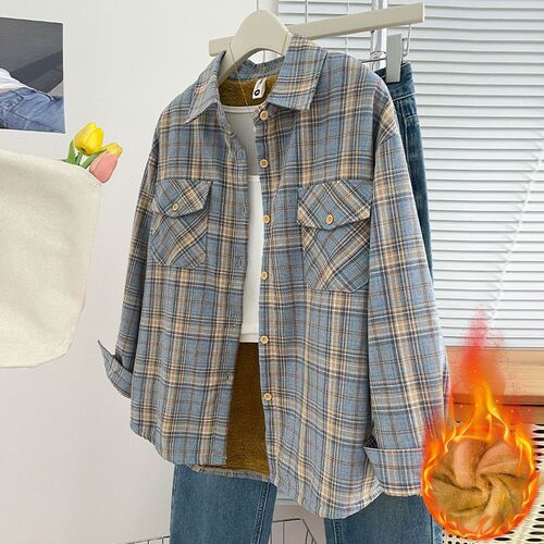 Retro sanded long-sleeved velvet lazy thick warm plaid shirt coat shirt loose new large size top