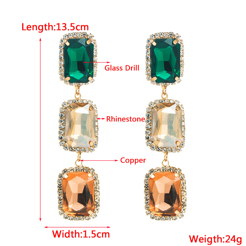 Fashion  Alloy Diamond Square Glass Drill Long  Colorful Crystals Earrings display picture 1