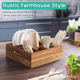 跨境可手提厨房餐具收纳盒木质分格杯子储物盒实木刀叉纸巾放置盒