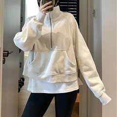 ルルオリジナルスウェットシャツ、スキューバハイネック、ハーフジップ、ゆったり、裏起毛、ヨガウェア、女性用、刺繍入りスポーツジャケット、カジュアル