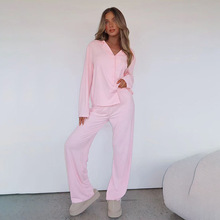 T112 跨境欧美女式春秋居家舒适长袖翻领单排扣上衣直筒裤套装