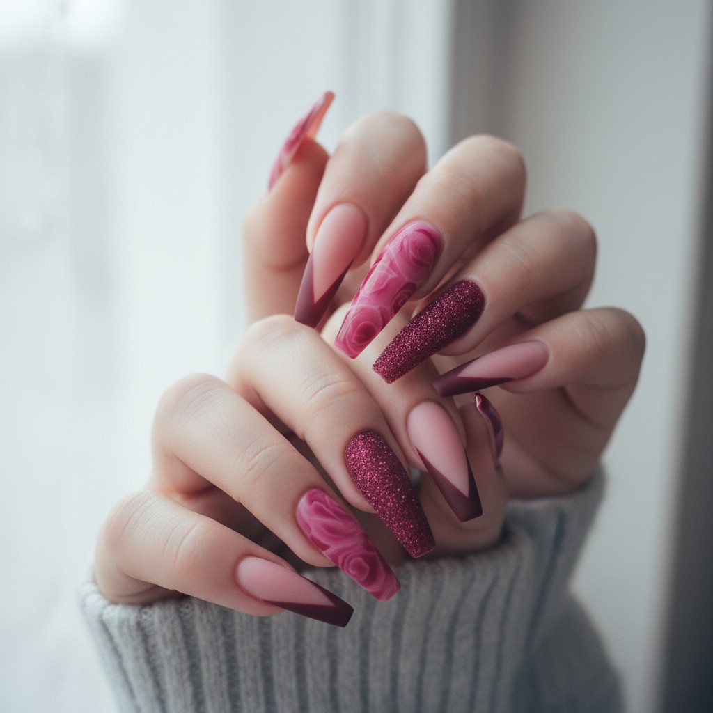 Uñas postizas retro color rojo vino con brillo, estilo Y2K, dulce y moderno, manicura francesa que realza el blanco, 24 piezas, pegatinas para uñas, lote mixto image 1