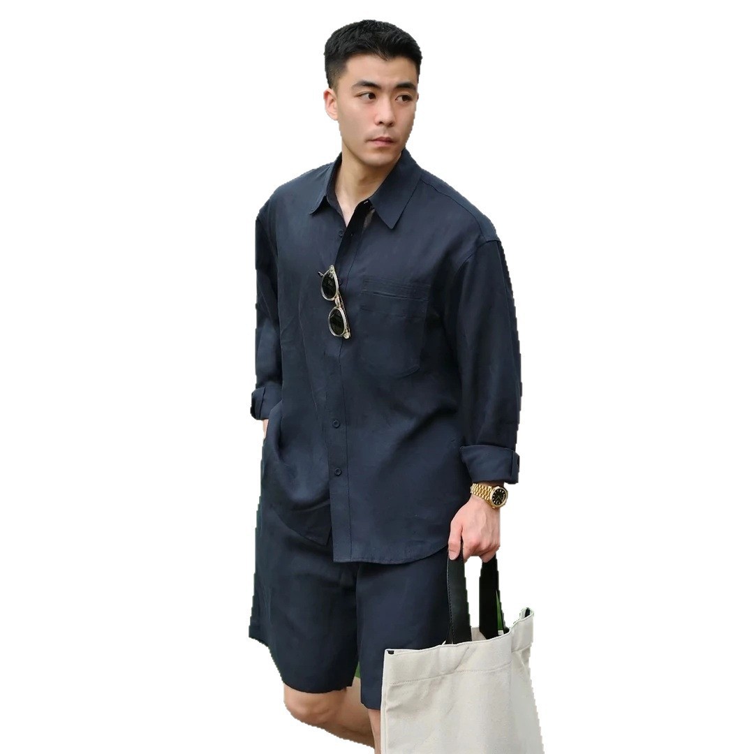 Fashion Casual Thin Long-Sleeve Shirt and Shorts Two-Piece Set Casual Sports Solid Color Retro Simple Trendy Outfit