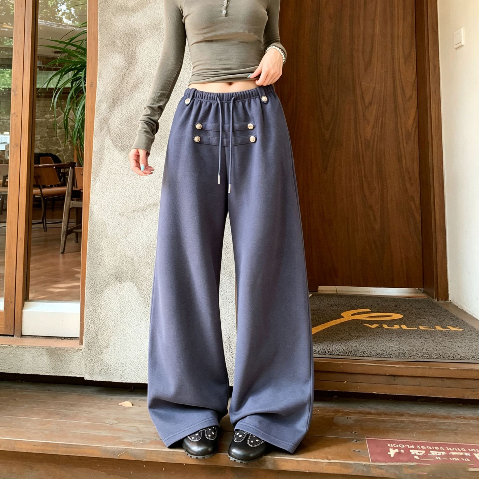 韩版高腰阔腿裤女2026秋季新款宽松压褶百搭显瘦小个子直筒休闲裤