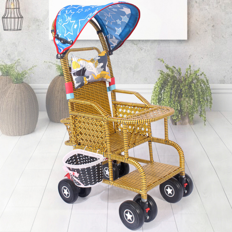 双层编椅背可调节黑色轮小蓝棚 送风兜带篮子♜✓