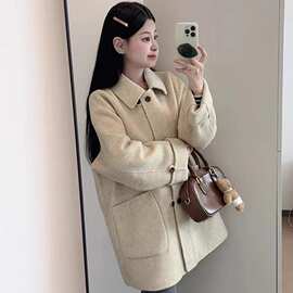 高级感杏色小翻领呢子大衣女秋冬季新款韩系小个子中长款毛呢外套