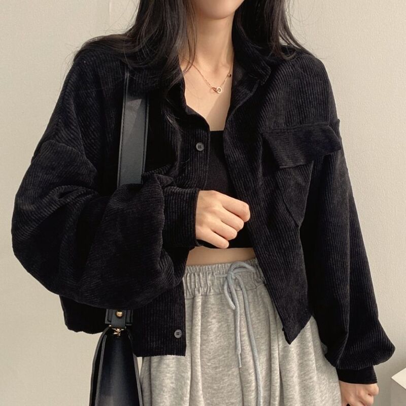 韩国秋冬法式复古宽松百搭单排扣翻领短款灯芯绒衬衫外套女潮|undefined