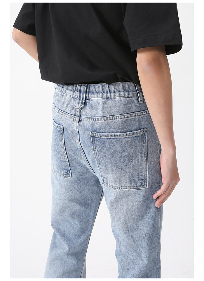 Quần jean nam cạp chun ống loe nhẹ màu xanh nhạt form rộng cá tính — Xanh lam nhạt chi tiết 11