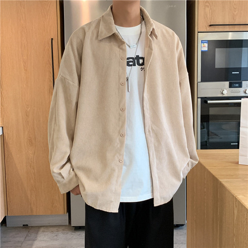 Casual Shirt for Men, Long Sleeve Spring and Autumn Korean Style Loose Corduroy Jacket, Hong Kong Style, Ins, Japanese Retro Versatile Collar Shirt