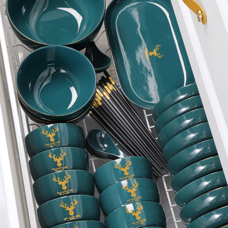 Luxurious Gold-Edged Deer Bowl and Plate Set for Home Use, Ceramic Rice Bowl, Creative and Unique Peacock Green Tableware, Trendy Bowls and Plates