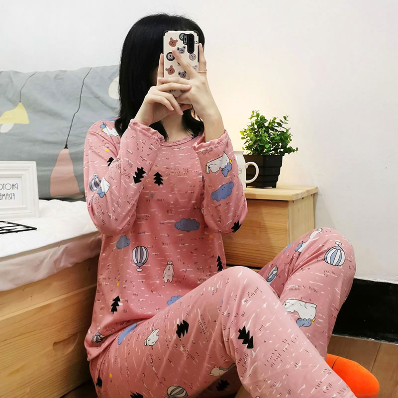 小个子休闲睡衣女春秋季长袖长裤圆领可爱卡通韩版家居服套装薄款