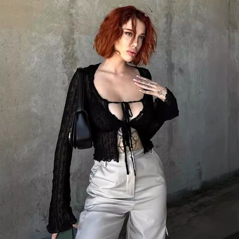 Американская горячая девушка черная сетчатая пряжа слегка пронизана шнуровкой с длинными рукавами кардиган модный стройный женский дикий солнцезащитный шифоновый короткий пиджак