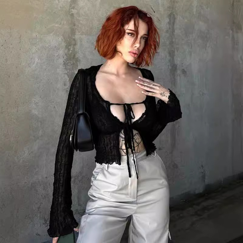American Style Hot Girl Black Mesh Micro-transparent Lace-up Long Sleeve Cardigan Women's Fashionable Slim-fit All-match Sunscreen Chiffon Short Coat American Style Hot Girl Black Mesh Micro-transparent Lace-up Long Sleeve Cardigan Women's Fashionable Slim-fit All-match Sunscreen Chiffon Short Coat
