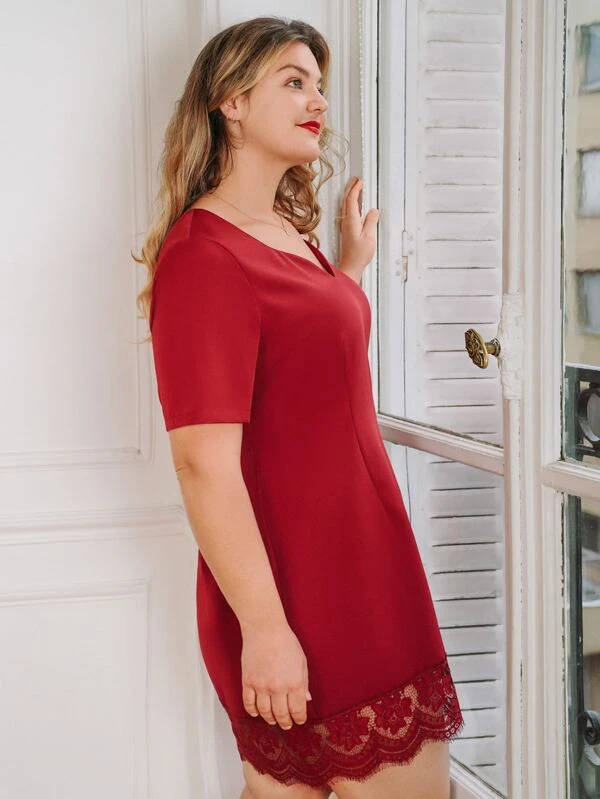 plus size V-neck short sleeve stitching solid color lace dress NSCX126011