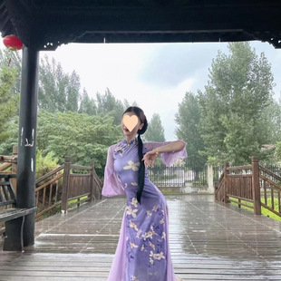 New style classical dance dance elastic cheongsam body rhyme practice performance costume stitching cheongsam horn sleeve