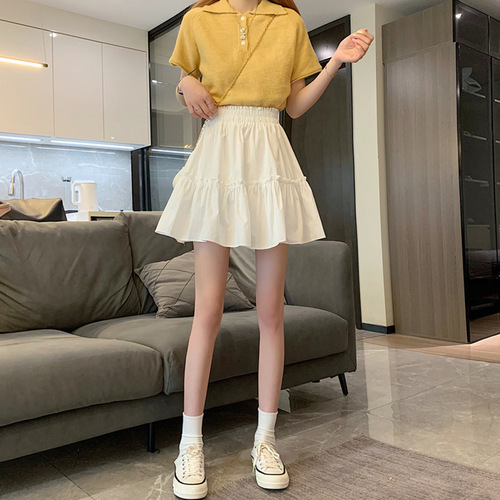 White half-length skirt for summer 2025, with a stretch waist and wood ear edge, very fairy-like, hip-hiding, temperament A-line short skirt for girls and boys