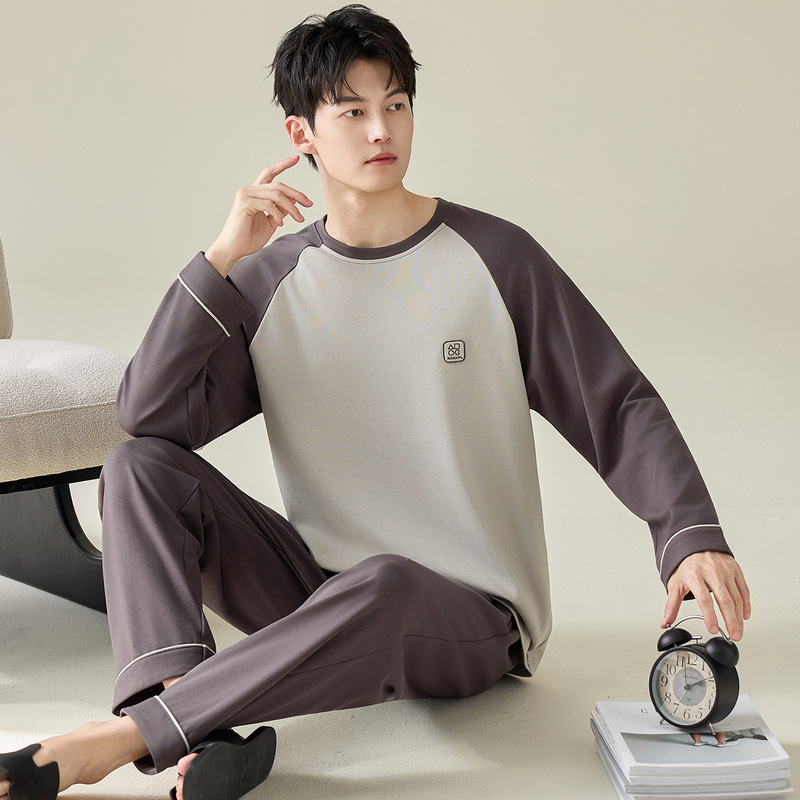 100% Cotton Men's Pajamas Spring and Autum Long-Sleeved Pants Men's Simple Casual Loose Large Size Home Wear Set