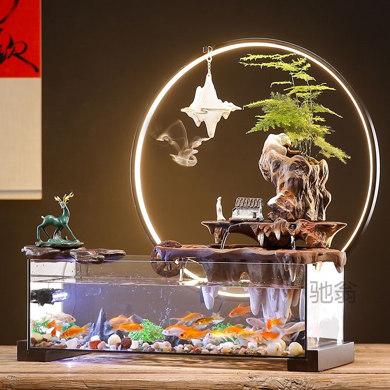 Lush Creative Filter-Free Eco Glass Fish Tank Landscape Rockwork Water Flow Ornament Recirculating Water Living Room Office Decoration