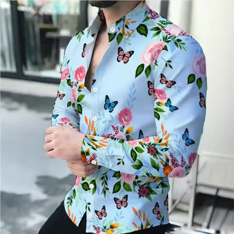 Cross-Border New Style Men's Long-Sleeved Shirt with Digital Printed Floral Pattern Men's Button-Down Shirt Loose Casual Shirt