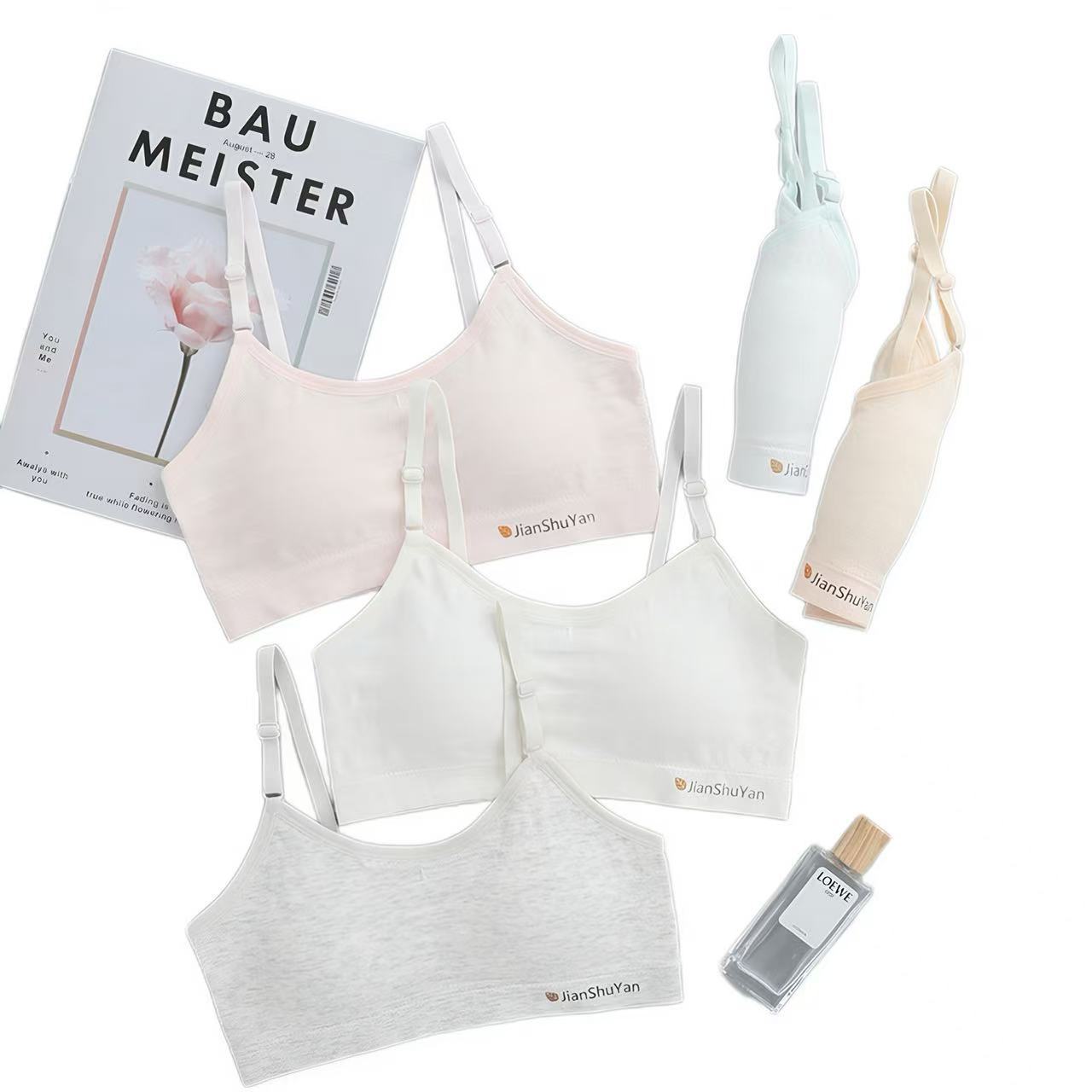 여아 속옷, 무봉제 고정컵, 여아 발달 초기, 고등학생 여아 브라, 노출 방지 멜빵, 학생 조끼