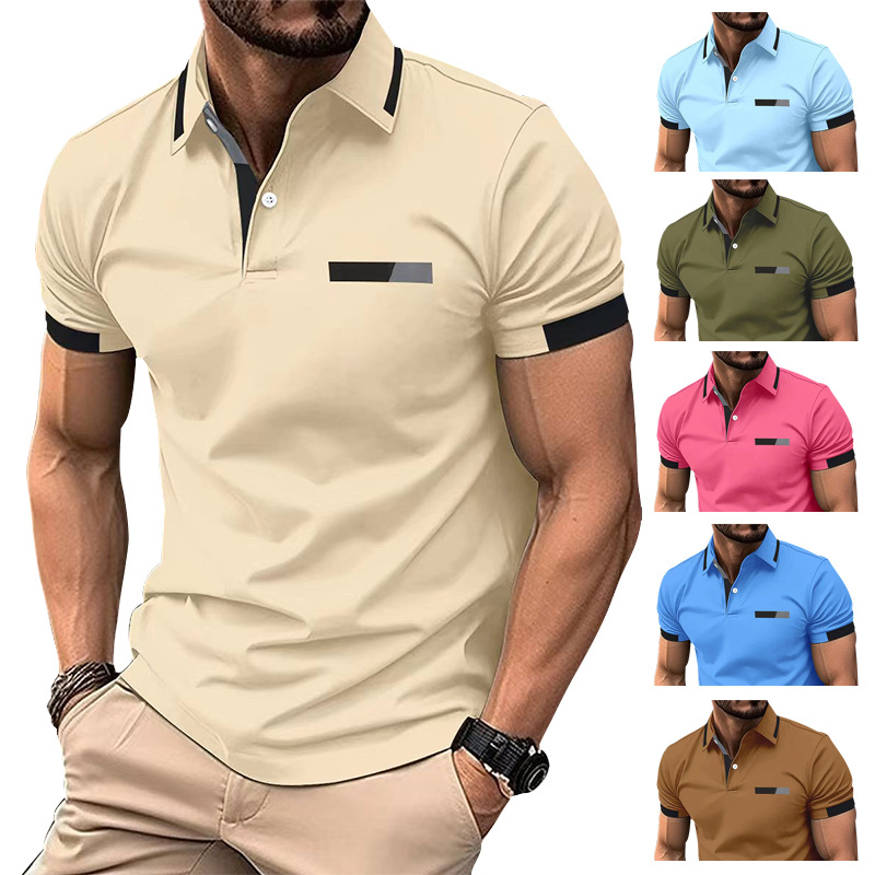 Amazon nuevo transfronterizo de los hombres de la camisa de polo ocasional pecho falso bolsillo solapa botón de negocios camiseta superior de los hombres