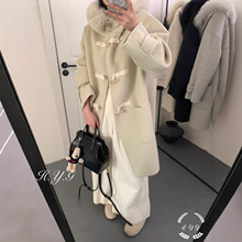 【蒲公英的约定】冬季中长款牛角扣狐狸毛连帽双面羊毛大衣外套女