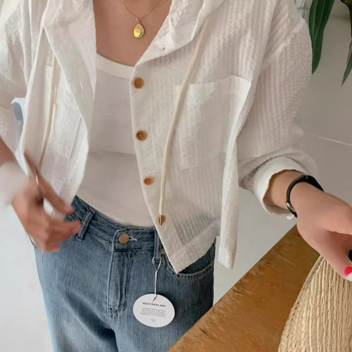French Design Style 2024 Summer Versatile Single Button Striped Short Sleeve Loose Long Sleeve Sun Protection Hooded Shirt for Women