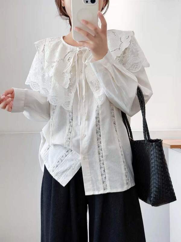 2025 Autumn Clothing Multi-Layered Lace Collar Solid Color Loose Pleated Women's Cardigan Long Sleeve Shirt Top
