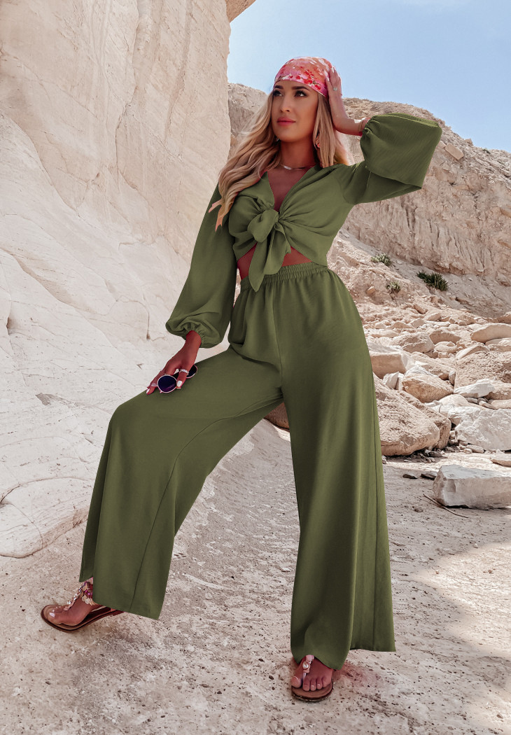 solid color tied knot lantern sleeves front and back top wide-leg trousers two-piece lounge set NSMDF138332