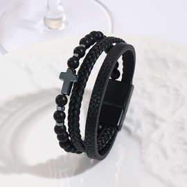 跨境天然石男士皮革手环编织手镯虎眼石串珠合金磁铁扣十字架手链
