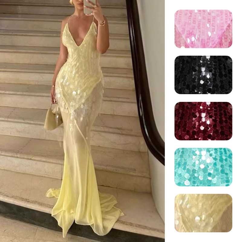 Independent Station Amazon European and American Women's V-neck Sexy Strap Backless Slim Bead Fishtail Dress 8106