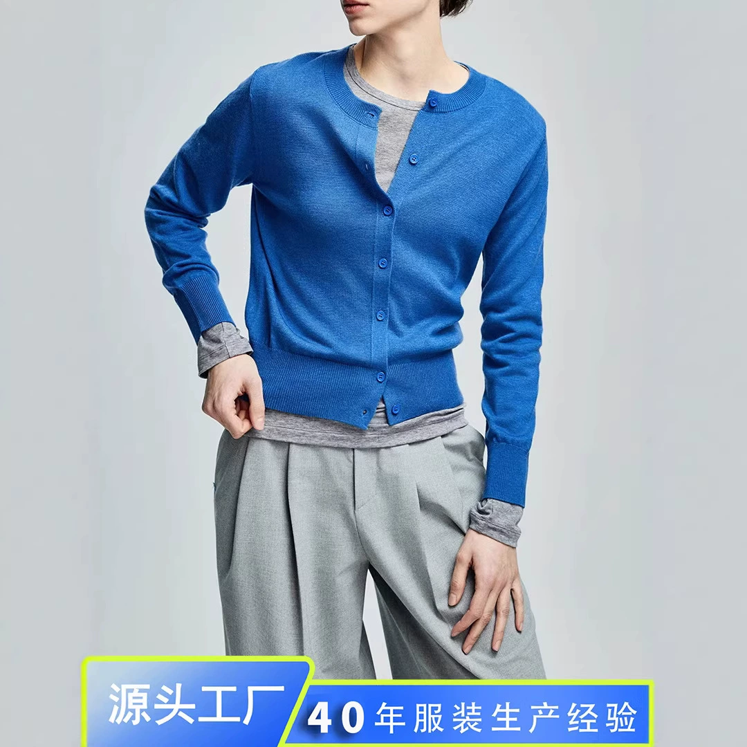 Женский кардиган из шерсти, машинная стирка, круглый вырез, весна-осень 2025, тонкий трикотажный жилет в стиле «старые деньги», многослойный, серый