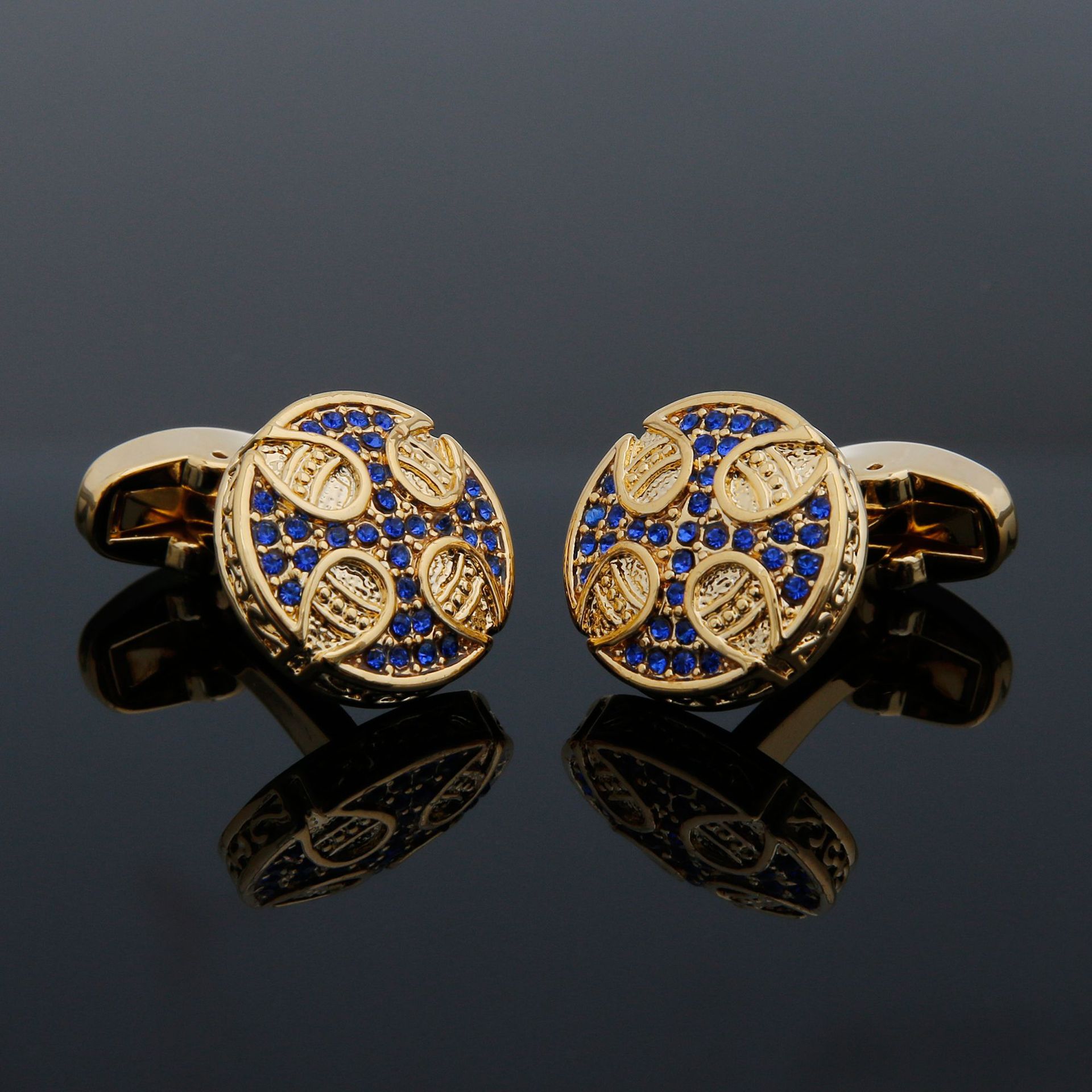 1 pair of in stock wholesale retro light luxury inlaid blue zircon round gold copper men's cufflinks high quality jewelry