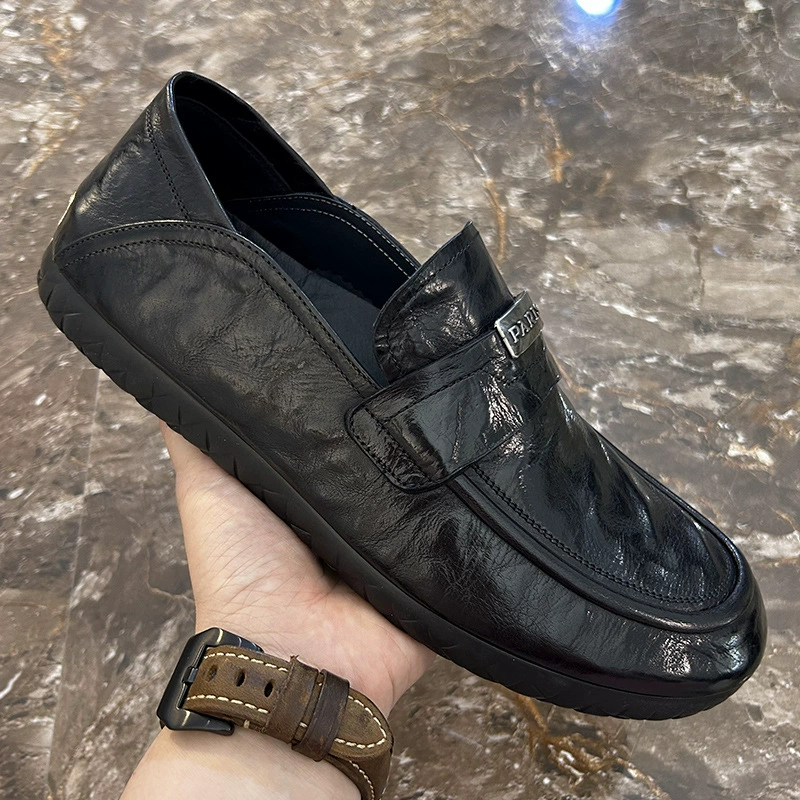Мужская обувь из натуральной кожи, новинка весны 2024, популярная мужская повседневная кожаная обувь, шапочки на мягкой подошве для вождения на одной ноге