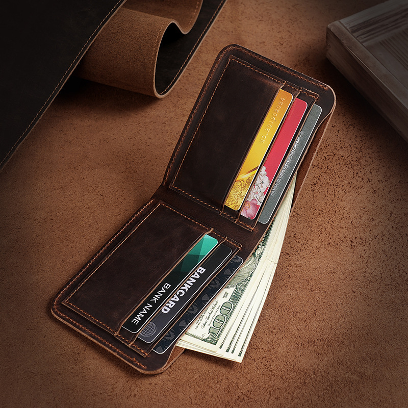Cross-Border Crazy Horse Leather Men's Wallet Inside and Outside Genuine Leather European and American Style Dollar Clip Short First Layer Cowhide Wallet for Men
