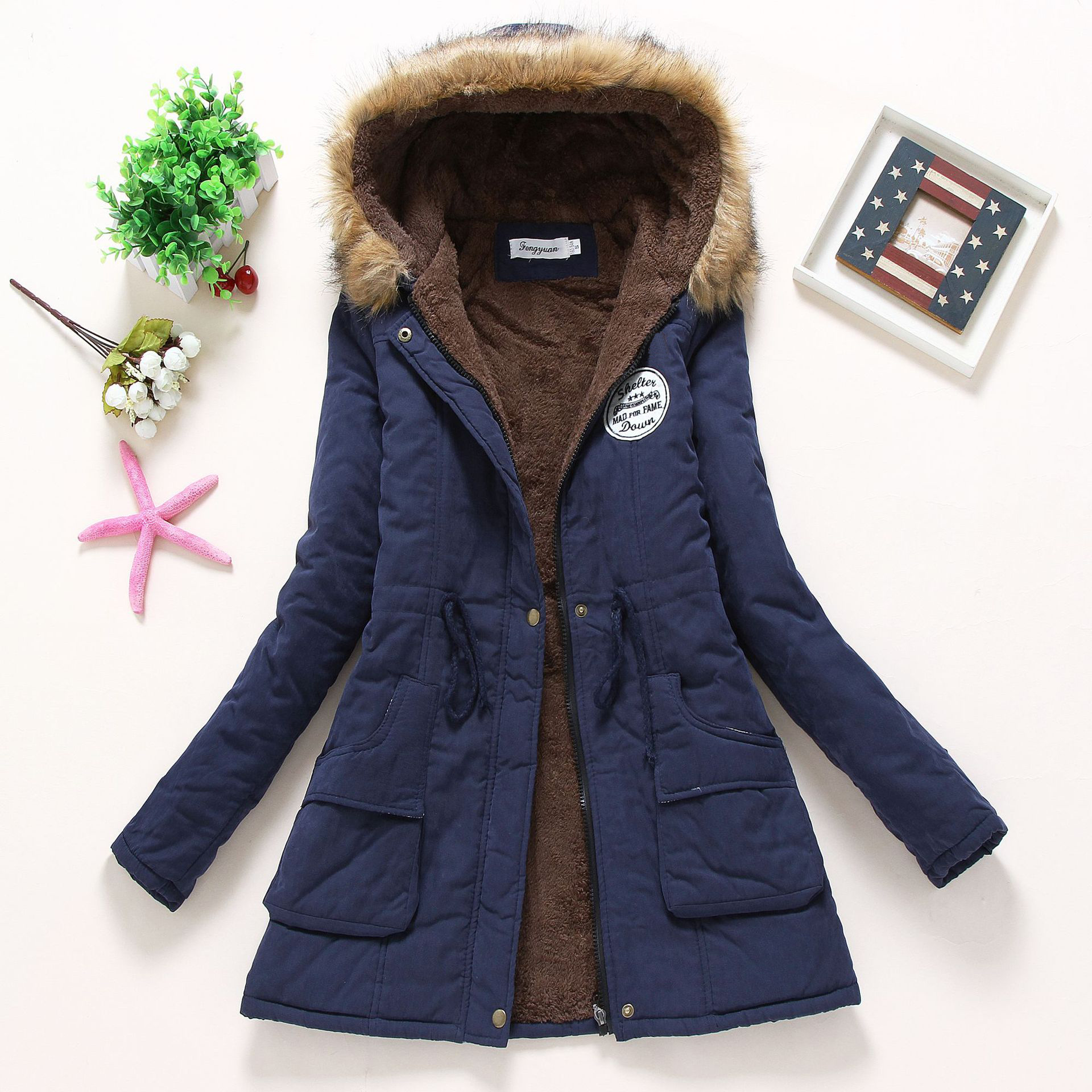 2022 Winter New Round Standard Hooded Large Wool Collar Medium And Long Cotton Clothes Women's Cotton Clothes Wholesale
