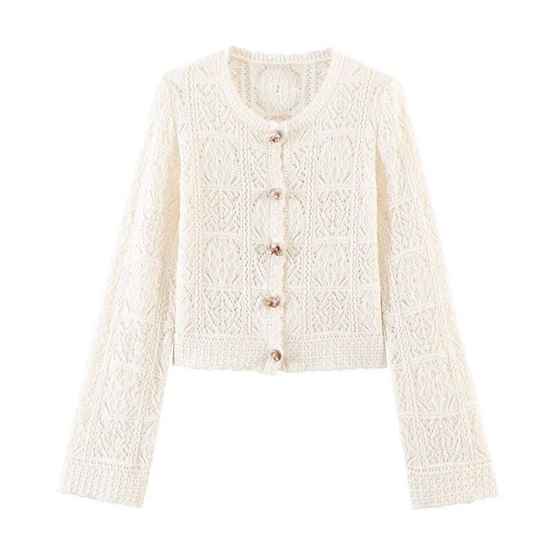 Foreign Trade 2026 Spring/Summer New Women's Clothing Pastel Style Jacquard Cotton Hollow-Out Knit Cardigan 960017