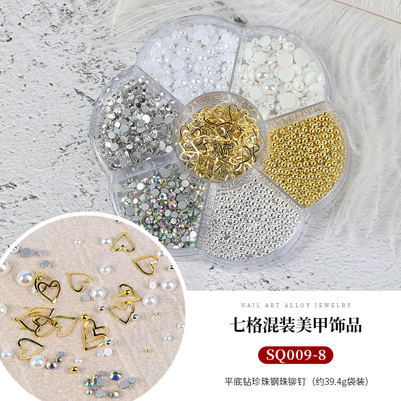 Seven-grid mixed Camellia nail jewelry bow flat diamond lollipop nail pequeña bola de acero Pearl Square Diamond