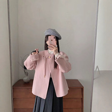 2025秋冬新款粉色双面羊毛大衣高端国风一口扣圆领羊毛呢外套韩版