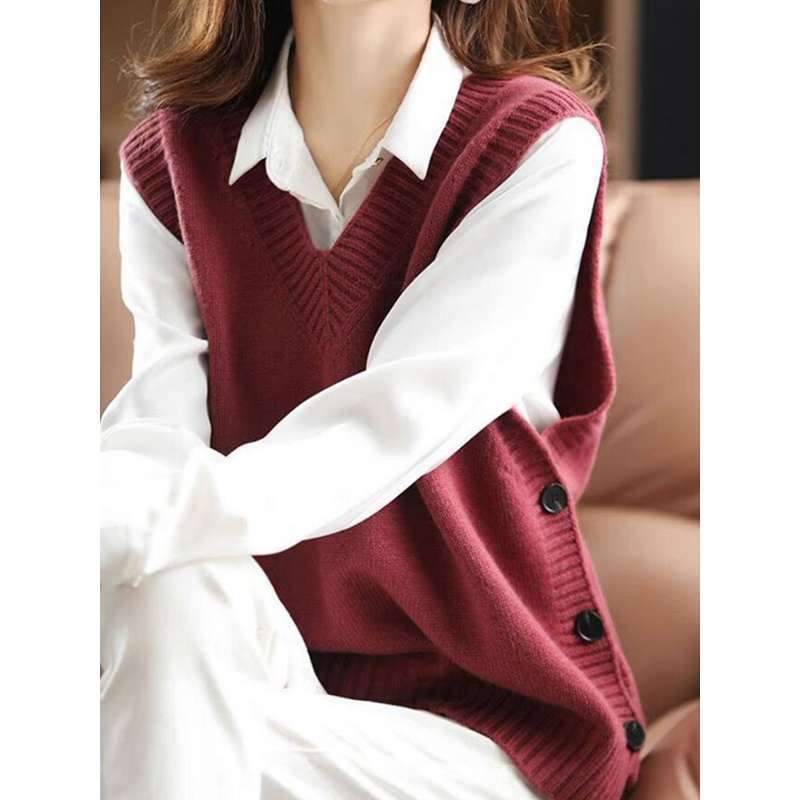 【Familia Cashmere】 Chaleco de punto de lana con cuello en V de temperamento femenino, combinado con suéter sin mangas, camisola, pantalón corto_voghion.com