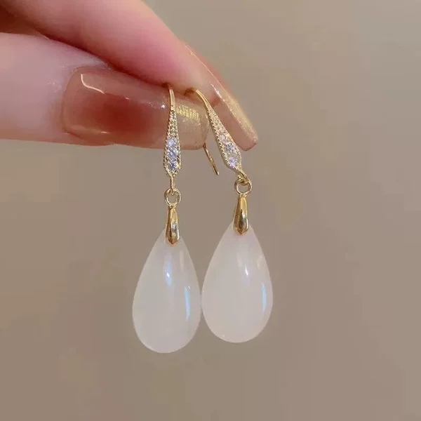 Gold-Plated Diamond-Studded Ear Hooks with White Jade Water Drop Pendant, Long Style, Chinese Vintage Style, Ice-Type Chalcedony, Gentle Commuter Jade Earrings